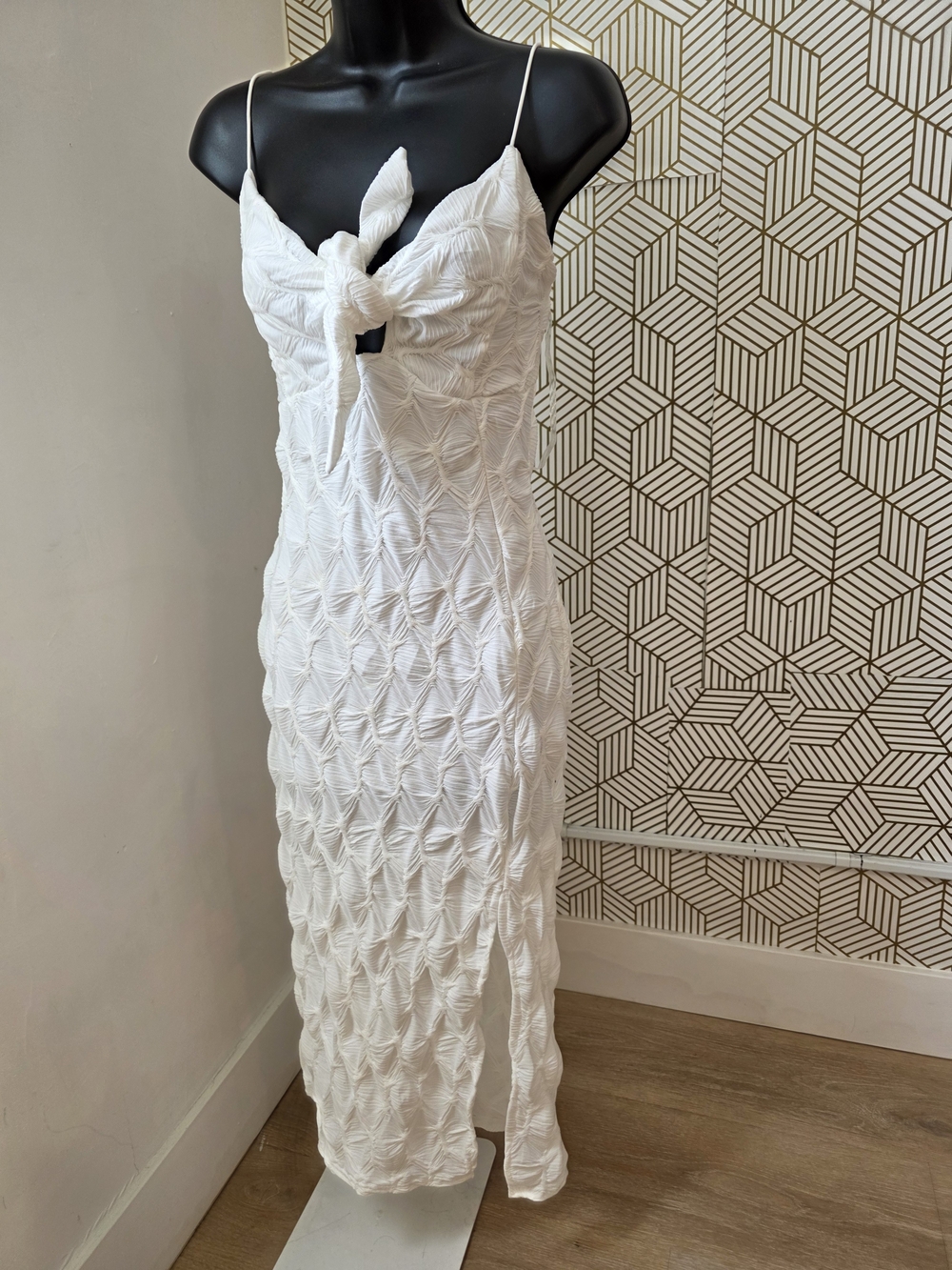 White Textured Tie-Front Slip Dress